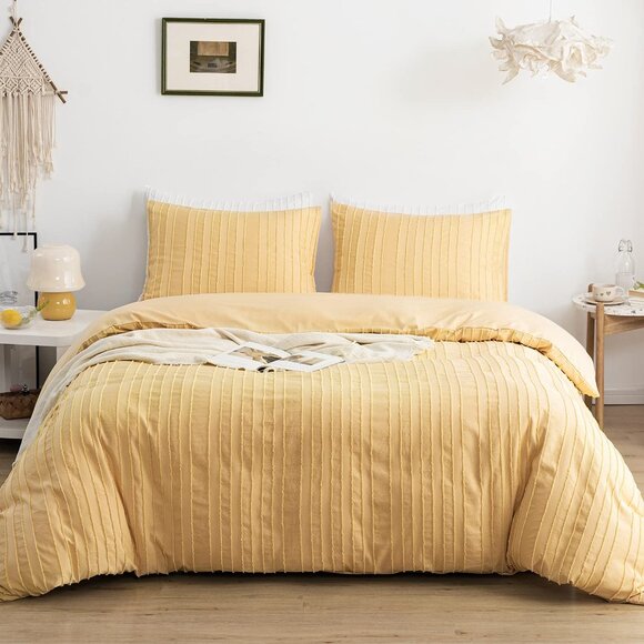 Boho Duvet Cover Striped Textured Duvet Cover Set Tufted Bedding Set  Yellow - Picture 1 of 6